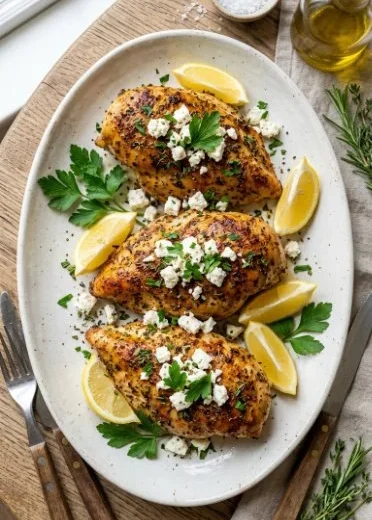 Greek chicken with lemon and feta served on a plate
