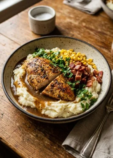 Delicious grilled chicken with creamy mashed potatoes on a plate