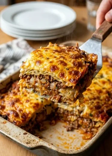 Delicious ground beef cabbage casserole ready to serve for dinner