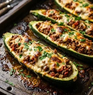 Ground Beef Zucchini Boats topped with cheese and herbs
