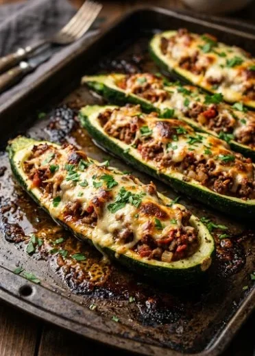Ground Beef Zucchini Boats topped with cheese and herbs