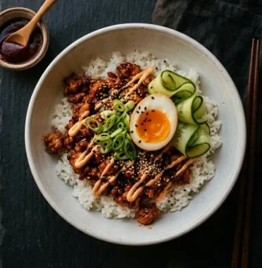 Ground Chicken Korean Rice Bowls 1 Ground Chicken Korean Rice Bowls garnished with vegetables and sesame seeds.