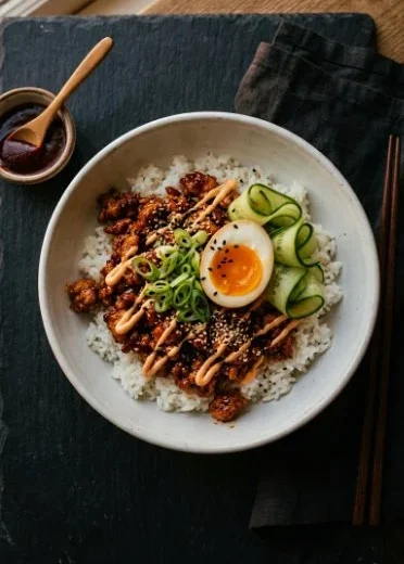 Ground Chicken Korean Rice Bowls garnished with vegetables and sesame seeds.