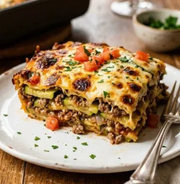 Ground turkey zucchini casserole served in a baking dish