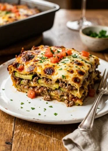 Ground turkey zucchini casserole served in a baking dish