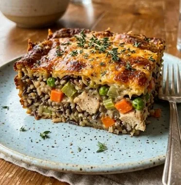 Delicious Harvest Chicken and Wild Rice Casserole served in a baking dish.