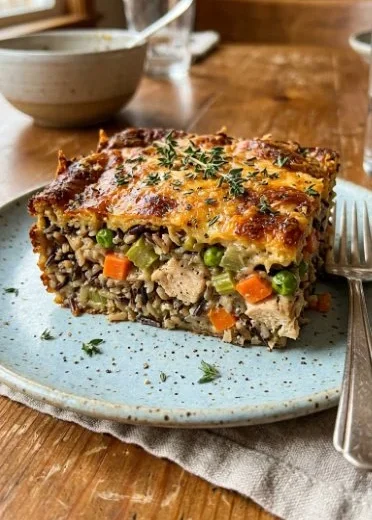 Delicious Harvest Chicken and Wild Rice Casserole served in a baking dish.