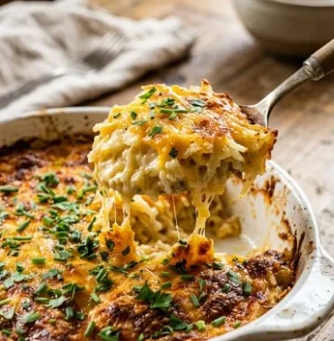 Hash Brown Casserole 2 Delicious Hash Brown Casserole fresh from the oven, topped with melted cheese.
