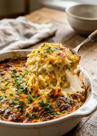 Delicious Hash Brown Casserole fresh from the oven, topped with melted cheese.