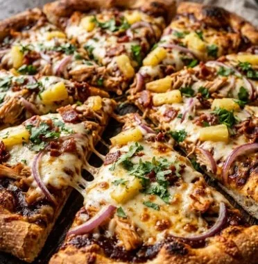 Delicious Hawaiian BBQ chicken pizza with toppings of chicken and pineapple