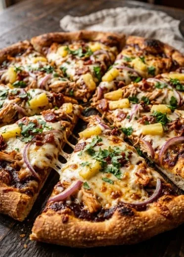 Delicious Hawaiian BBQ chicken pizza with toppings of chicken and pineapple