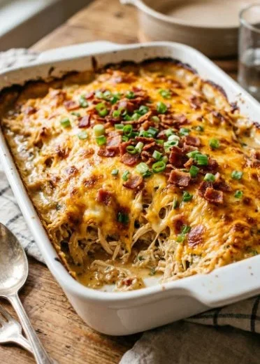 Healthy crack chicken casserole dish with vegetables and spices