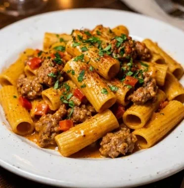 Hearty Italian Sausage Rigatoni Pasta 1 Bowl of hearty Italian sausage rigatoni pasta with herbs and cheese