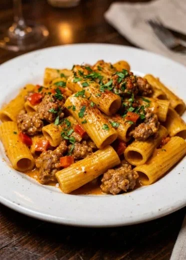 Bowl of hearty Italian sausage rigatoni pasta with herbs and cheese