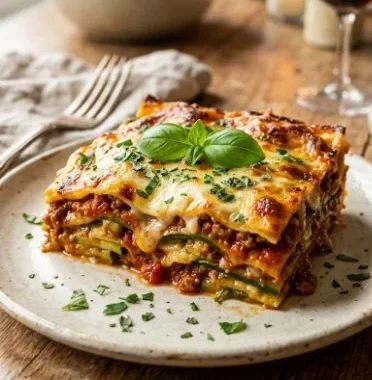 Hearty zucchini lasagna layered with cheese and fresh vegetables