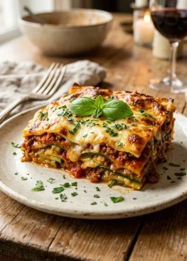 Hearty zucchini lasagna layered with cheese and fresh vegetables