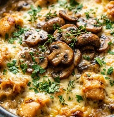 High Protein Keto Garlic Mushroom Chicken Casserole dish served in a bowl