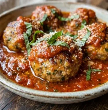 Plate of high-protein turkey meatballs with herbs and sauce