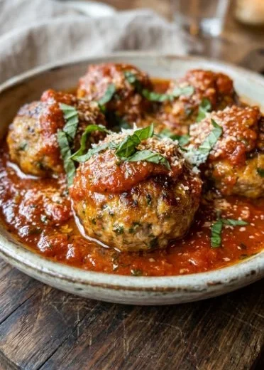 Plate of high-protein turkey meatballs with herbs and sauce
