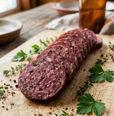 Homemade Summer Sausage 1 Homemade summer sausage sliced and served on a wooden cutting board.