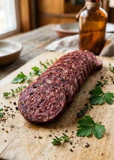 Homemade summer sausage sliced and served on a wooden cutting board.