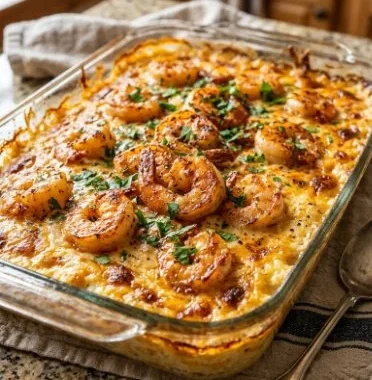 Creamy shrimp and grits casserole baked to perfection, a flavorful comfort dish