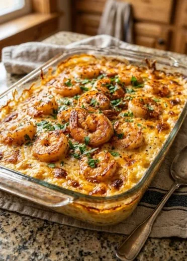 Creamy shrimp and grits casserole baked to perfection, a flavorful comfort dish