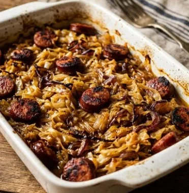 Irresistible Fried Cabbage and Sausage Comfort Meals Ready Fast 1 Delicious plate of fried cabbage with sausage, a comforting and quick meal.