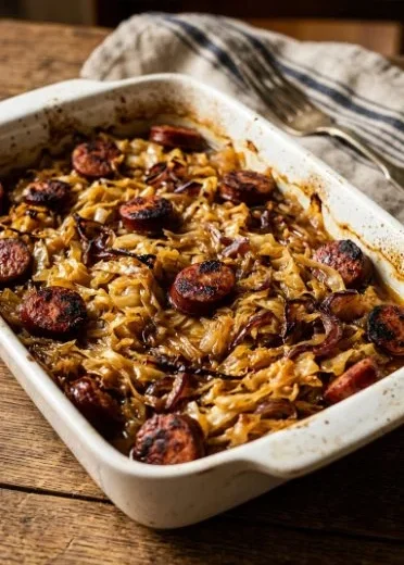 Delicious plate of fried cabbage with sausage, a comforting and quick meal.
