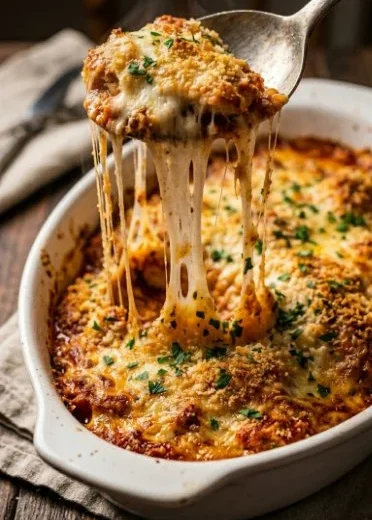 Cheesy high protein chicken parmesan casserole topped with melted cheese