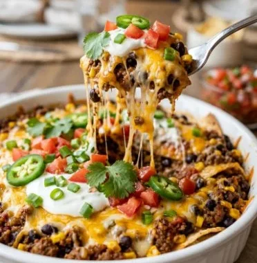 Irresistibly Easy Low Carb Taco Casserole for Cozy Nights 2 Delicious low carb taco casserole topped with melted cheese and fresh toppings.