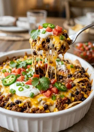 Delicious low carb taco casserole topped with melted cheese and fresh toppings.