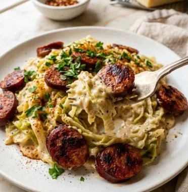 Keto Cajun Sausage and Cabbage Alfredo Skillet served in a pan