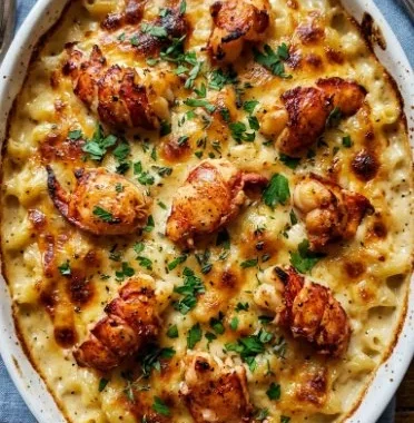 Delicious Keto Lobster Casserole served in a dish with a spoon.