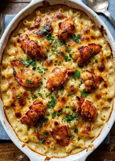 Delicious Keto Lobster Casserole served in a dish with a spoon.
