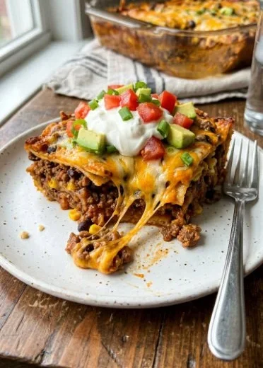 Delicious Keto Taco Casserole topped with cheese and spices