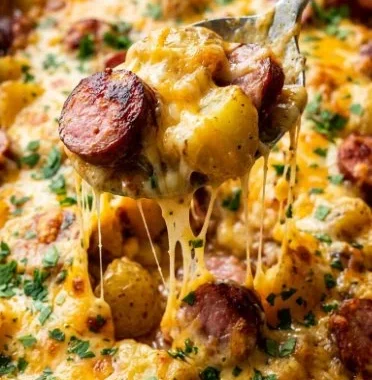 Kielbasa Sausage Cheesy Potato Casserole 2 Kielbasa Sausage Cheesy Potato Casserole served in a baking dish
