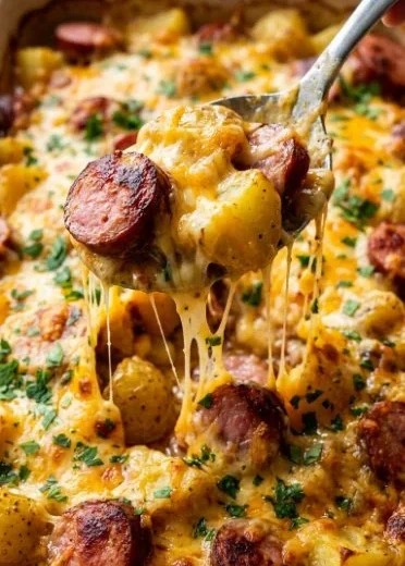 Kielbasa Sausage Cheesy Potato Casserole served in a baking dish