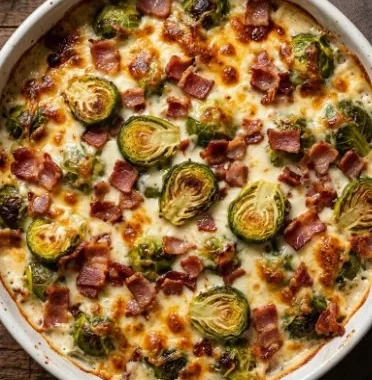 Lighter Creamy Brussels Sprouts Bake: Cheesy & Savory 1 A delicious Lighter Creamy Brussels Sprouts Bake topped with cheese, ready to serve.