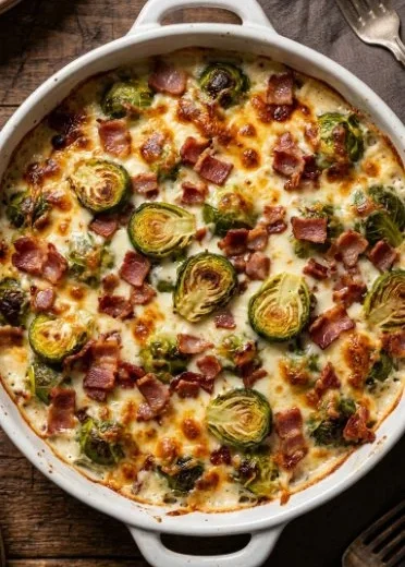 A delicious Lighter Creamy Brussels Sprouts Bake topped with cheese, ready to serve.