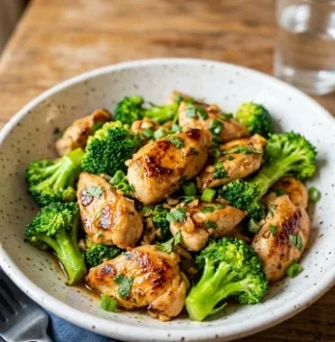 Low carb air fryer chicken broccoli stir fry in a bowl with vegetables