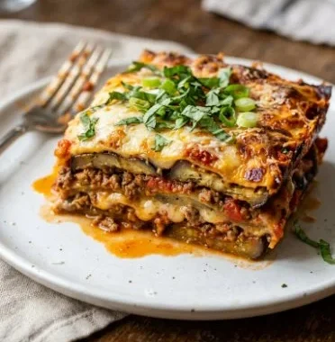 Low carb eggplant sausage lasagna served on a plate with fresh basil.