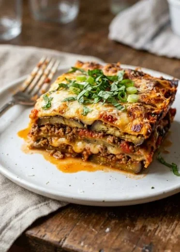 Low carb eggplant sausage lasagna served on a plate with fresh basil.
