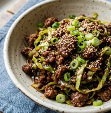 Low Carb Mongolian Ground Beef Cabbage Recipe with fresh ingredients