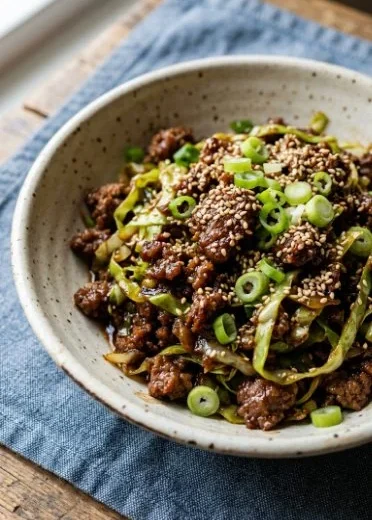 Low Carb Mongolian Ground Beef Cabbage Recipe with fresh ingredients