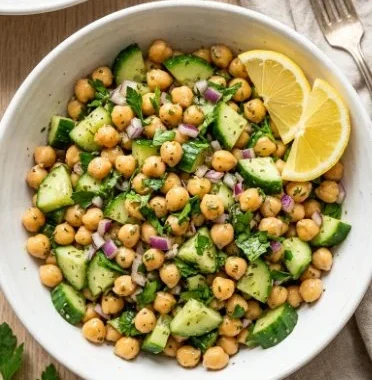 Marinated Chickpea Cucumber Salad 1 Marinated chickpea cucumber salad with fresh vegetables and herbs