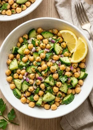 Marinated chickpea cucumber salad with fresh vegetables and herbs