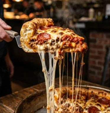 Delicious meaty deep-dish pizza pie with layers of cheese and toppings.
