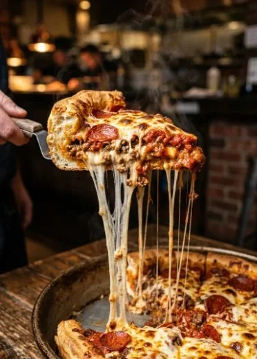 Delicious meaty deep-dish pizza pie with layers of cheese and toppings.