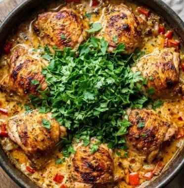 Mediterranean Chicken Casserole with crispy skin and creamy orzo served in a baking dish.
